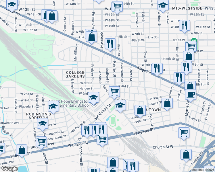 map of restaurants, bars, coffee shops, grocery stores, and more near 1324 Fairfax Street in Jacksonville