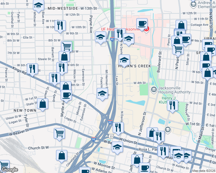 map of restaurants, bars, coffee shops, grocery stores, and more near 1415 Mount Herman Street in Jacksonville