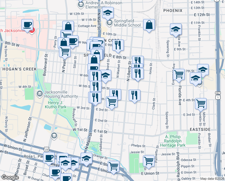 map of restaurants, bars, coffee shops, grocery stores, and more near 1507 Hubbard Street in Jacksonville