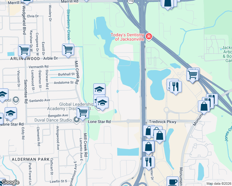 map of restaurants, bars, coffee shops, grocery stores, and more near 1670 Mathews Manor Drive in Jacksonville