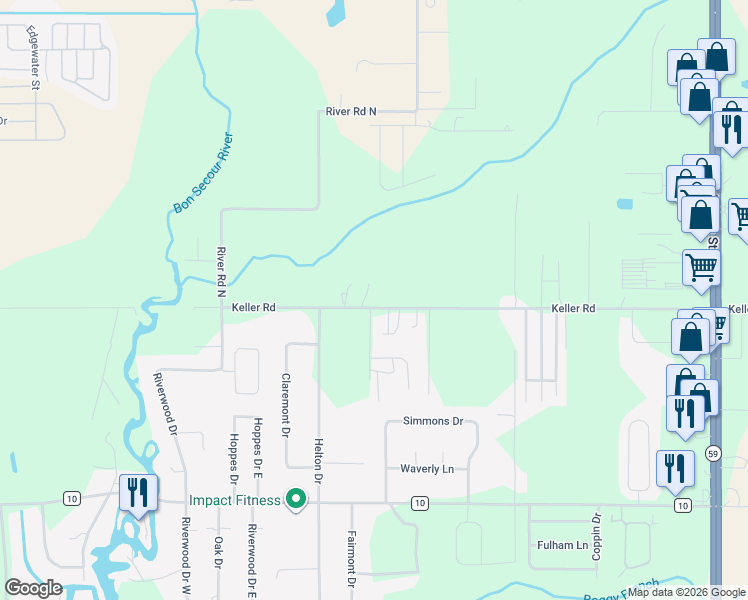 map of restaurants, bars, coffee shops, grocery stores, and more near 19121 Keller Road in Foley