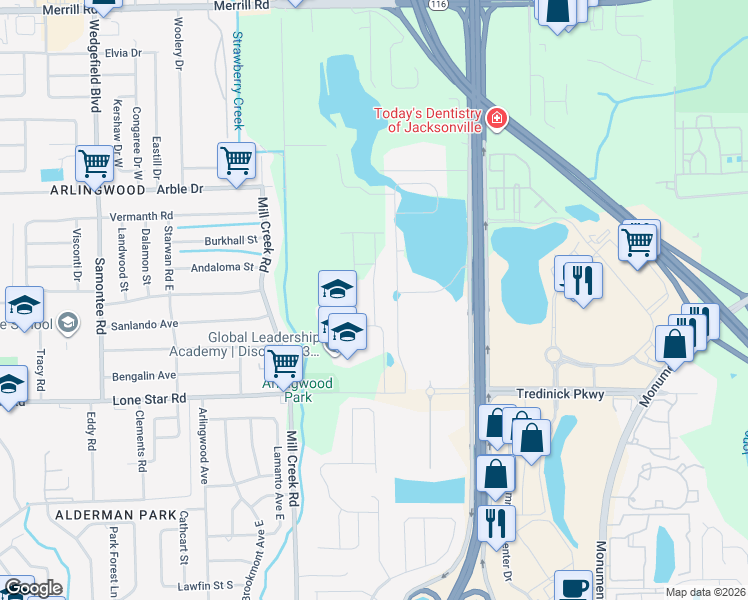 map of restaurants, bars, coffee shops, grocery stores, and more near 1670 Mathews Manor Drive in Jacksonville