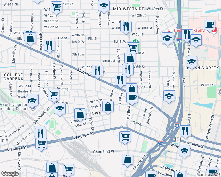 map of restaurants, bars, coffee shops, grocery stores, and more near 1409 Kings Road in Jacksonville