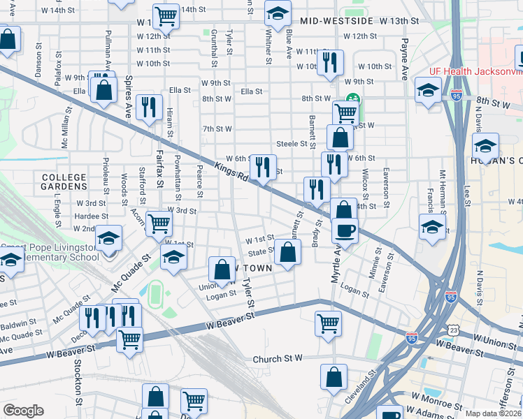 map of restaurants, bars, coffee shops, grocery stores, and more near 1520 Dot Street in Jacksonville