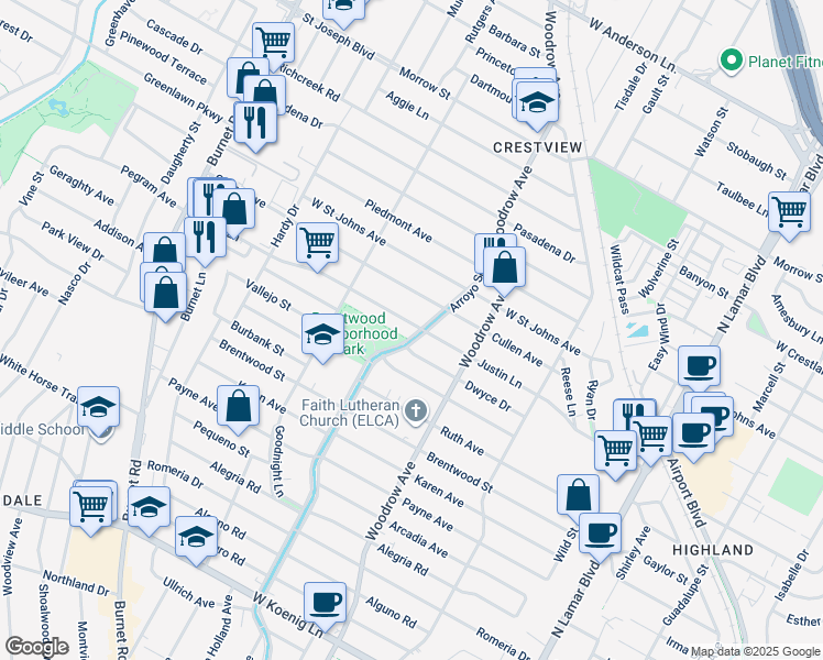 map of restaurants, bars, coffee shops, grocery stores, and more near in Austin