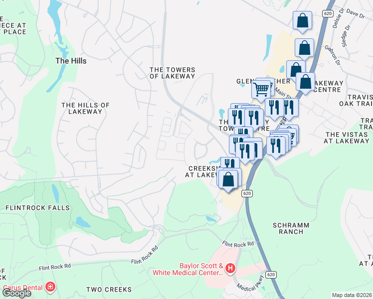 map of restaurants, bars, coffee shops, grocery stores, and more near 205 Amiata Avenue in Lakeway