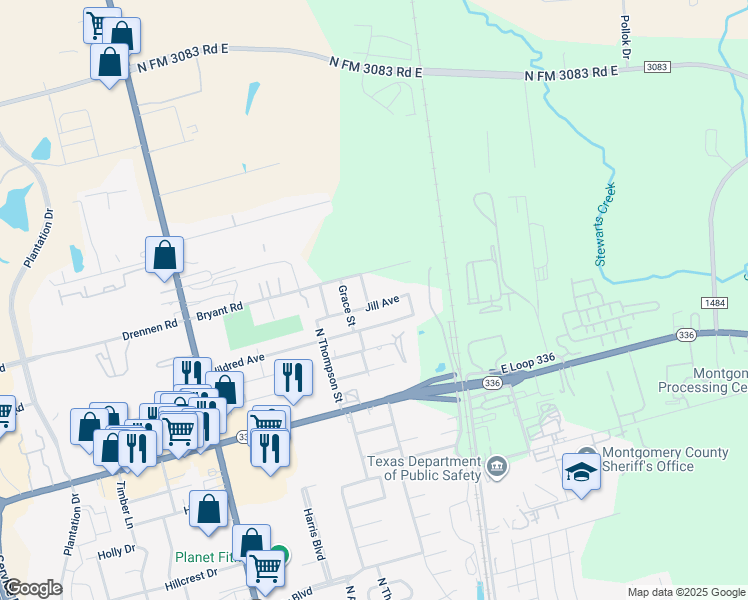 map of restaurants, bars, coffee shops, grocery stores, and more near 500 Alison Street in Conroe