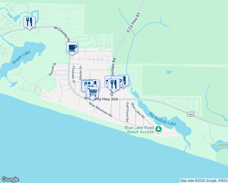 map of restaurants, bars, coffee shops, grocery stores, and more near 150 Cabana Trail in Santa Rosa Beach