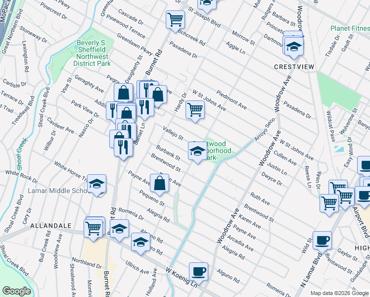 map of restaurants, bars, coffee shops, grocery stores, and more near 1902 Redlands Street in Austin