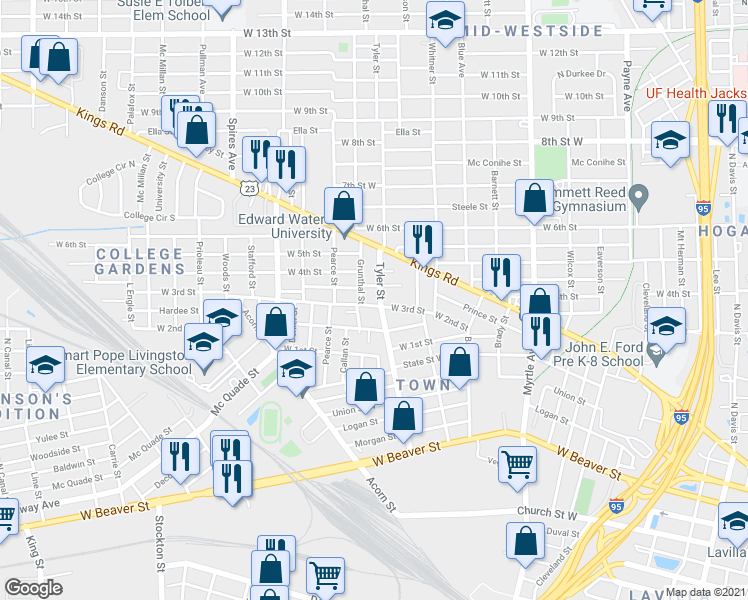 map of restaurants, bars, coffee shops, grocery stores, and more near 1308 Tyler Street in Jacksonville