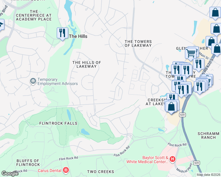 map of restaurants, bars, coffee shops, grocery stores, and more near 6 Dovedale Cove in The Hills