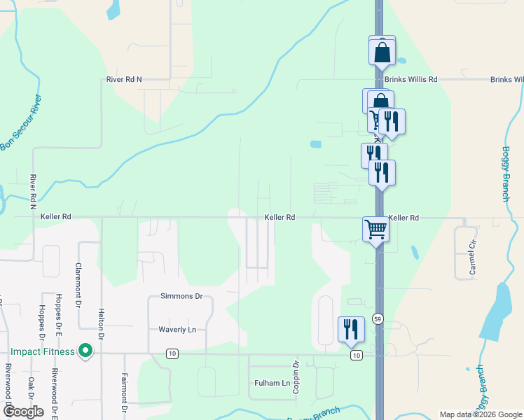 map of restaurants, bars, coffee shops, grocery stores, and more near 19611 Keller Road in Foley