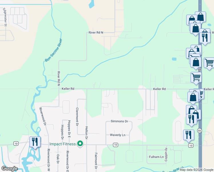 map of restaurants, bars, coffee shops, grocery stores, and more near 19121 Keller Road in Foley