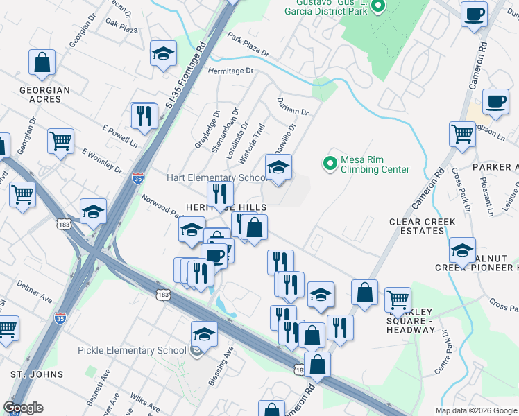 map of restaurants, bars, coffee shops, grocery stores, and more near 8203 Furness Cove in Austin