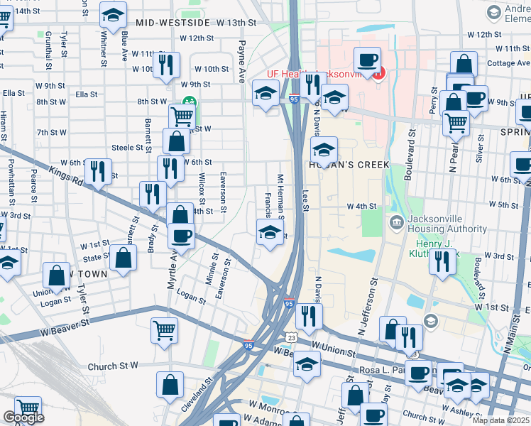 map of restaurants, bars, coffee shops, grocery stores, and more near 1409 Cleveland Street in Jacksonville