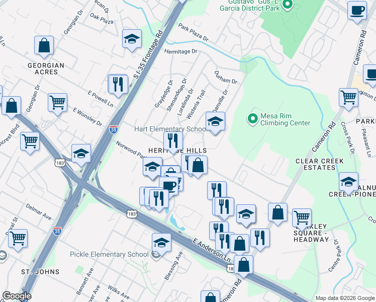 map of restaurants, bars, coffee shops, grocery stores, and more near 8203 Furness Cove in Austin