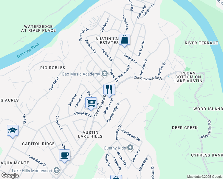map of restaurants, bars, coffee shops, grocery stores, and more near 1904 Cuernavaca Drive North in Austin