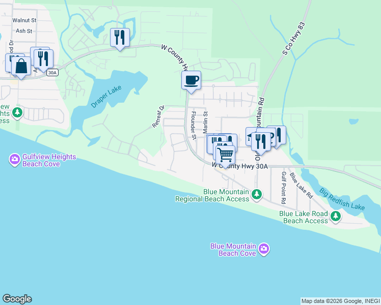 map of restaurants, bars, coffee shops, grocery stores, and more near 2508 West County Highway 30A in Santa Rosa Beach