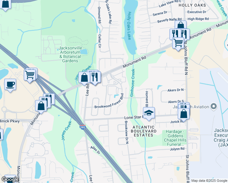 map of restaurants, bars, coffee shops, grocery stores, and more near 5 Fromage Way in Jacksonville