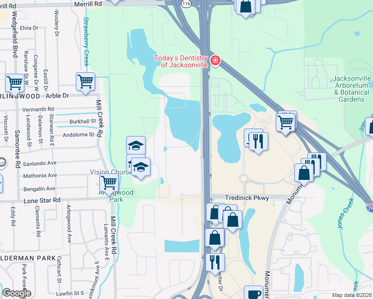 map of restaurants, bars, coffee shops, grocery stores, and more near 9259 Gilmore Grove Way in Jacksonville