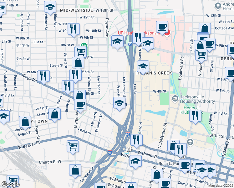 map of restaurants, bars, coffee shops, grocery stores, and more near 1409 Cleveland Street in Jacksonville
