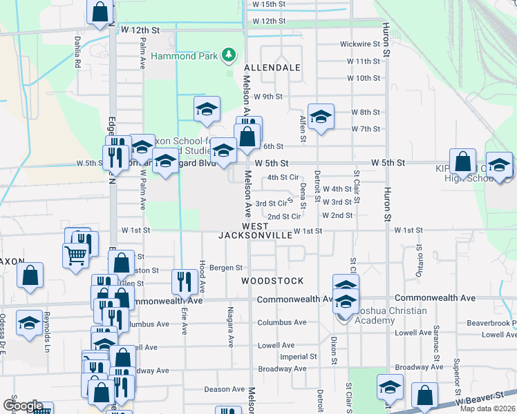 map of restaurants, bars, coffee shops, grocery stores, and more near 3151 3rd Street Circle South in Jacksonville