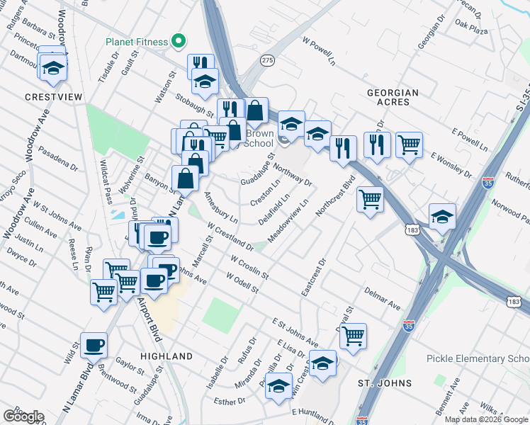 map of restaurants, bars, coffee shops, grocery stores, and more near 7509 Creston Lane in Austin