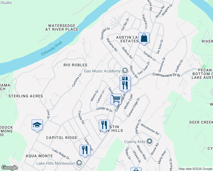 map of restaurants, bars, coffee shops, grocery stores, and more near 1709 Saracen Road in Austin