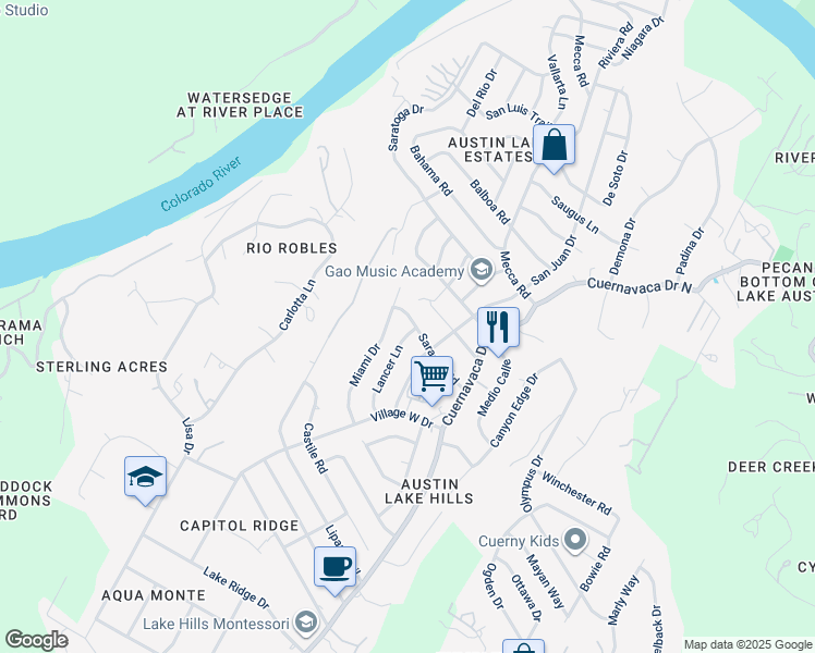 map of restaurants, bars, coffee shops, grocery stores, and more near 1709 Saracen Road in Austin