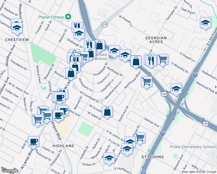 map of restaurants, bars, coffee shops, grocery stores, and more near 7525 Delafield Lane in Austin