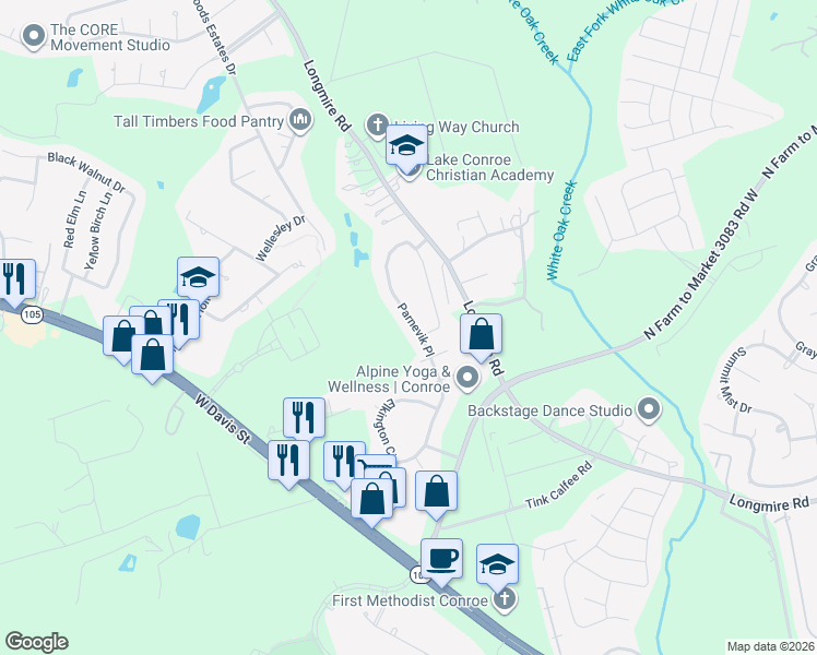 map of restaurants, bars, coffee shops, grocery stores, and more near 2023 Parnevik Place in Conroe