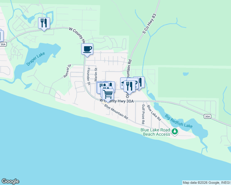 map of restaurants, bars, coffee shops, grocery stores, and more near 77 Rolling Dunes Drive in Santa Rosa Beach