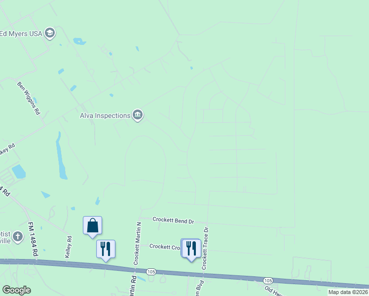 map of restaurants, bars, coffee shops, grocery stores, and more near 16401 Camden Hunt Drive in Conroe