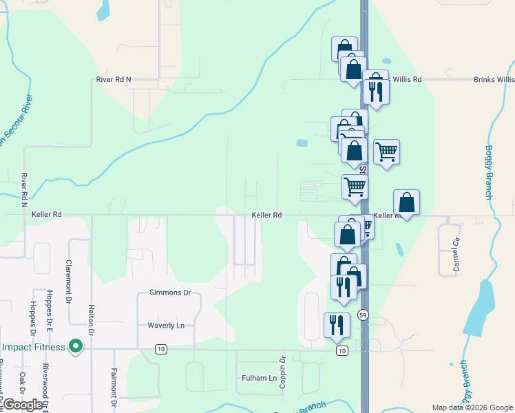 map of restaurants, bars, coffee shops, grocery stores, and more near 19611 Keller Road in Foley
