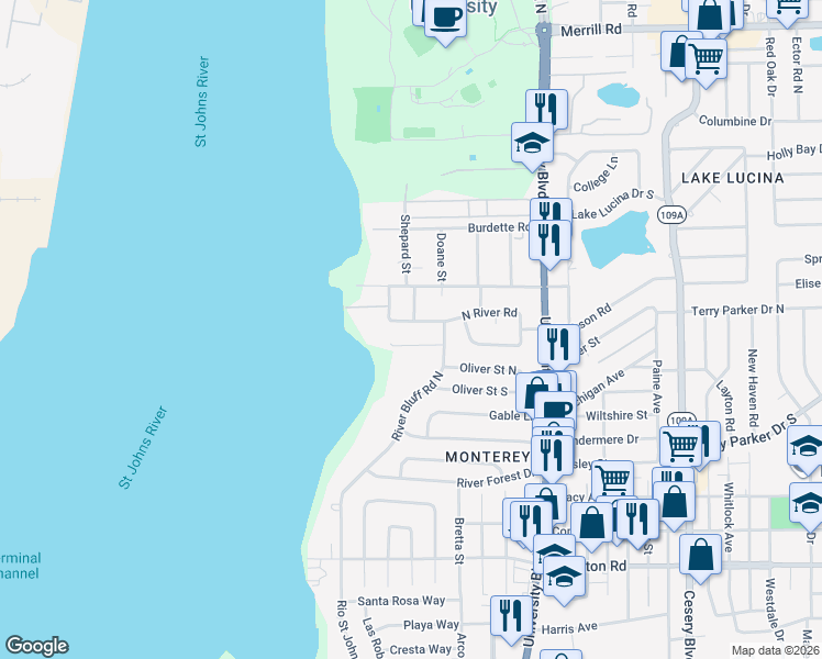 map of restaurants, bars, coffee shops, grocery stores, and more near 1977 River Bluff Road North in Jacksonville