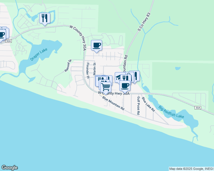 map of restaurants, bars, coffee shops, grocery stores, and more near 156 Rolling Dunes Drive in Santa Rosa Beach