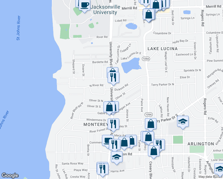 map of restaurants, bars, coffee shops, grocery stores, and more near University Blvd N & Dickson Rd in Jacksonville