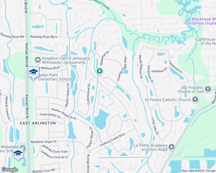 map of restaurants, bars, coffee shops, grocery stores, and more near 1058 Waterfall Drive in Jacksonville