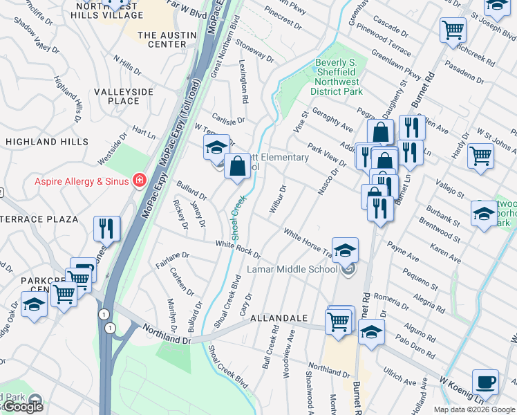 map of restaurants, bars, coffee shops, grocery stores, and more near 6303 Shoal Creek Boulevard in Austin