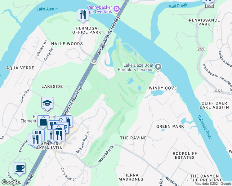 map of restaurants, bars, coffee shops, grocery stores, and more near 4408 Long Champ Drive in Austin
