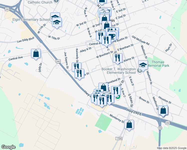 map of restaurants, bars, coffee shops, grocery stores, and more near 405 West Alamo Street in Elgin