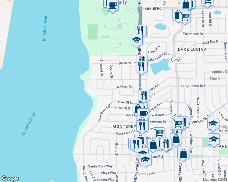 map of restaurants, bars, coffee shops, grocery stores, and more near 5321 North River Road in Jacksonville