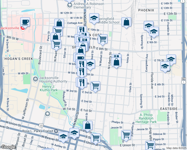 map of restaurants, bars, coffee shops, grocery stores, and more near 1507 Hubbard Street in Jacksonville