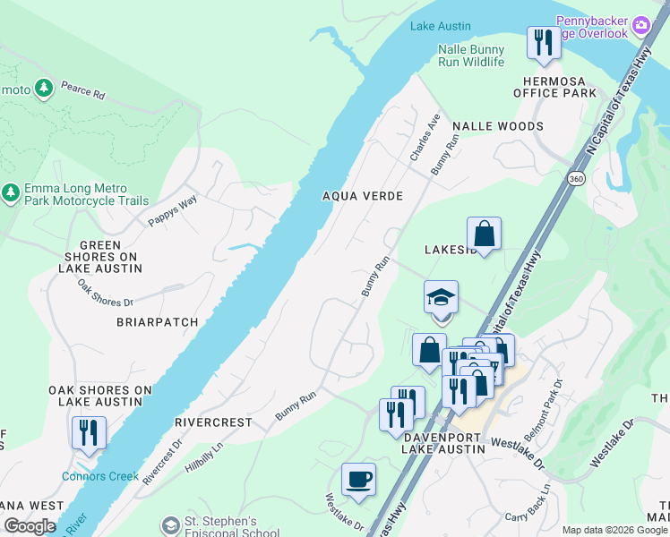 map of restaurants, bars, coffee shops, grocery stores, and more near 6709 Bridge Hill Cove in Austin
