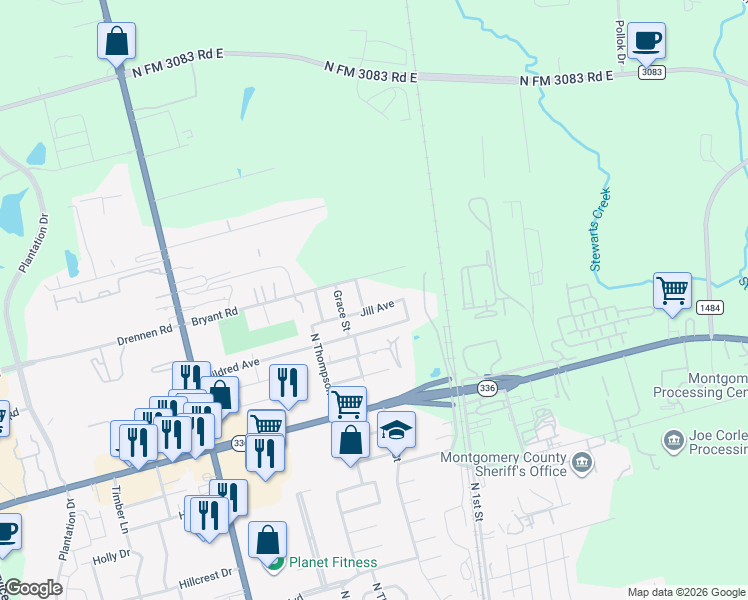 map of restaurants, bars, coffee shops, grocery stores, and more near 302 Jill Street in Conroe