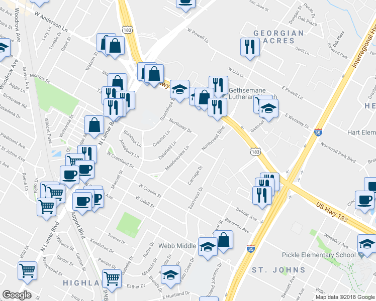 map of restaurants, bars, coffee shops, grocery stores, and more near 7607 Meadowview Lane in Austin
