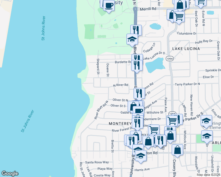 map of restaurants, bars, coffee shops, grocery stores, and more near 5321 North River Road in Jacksonville