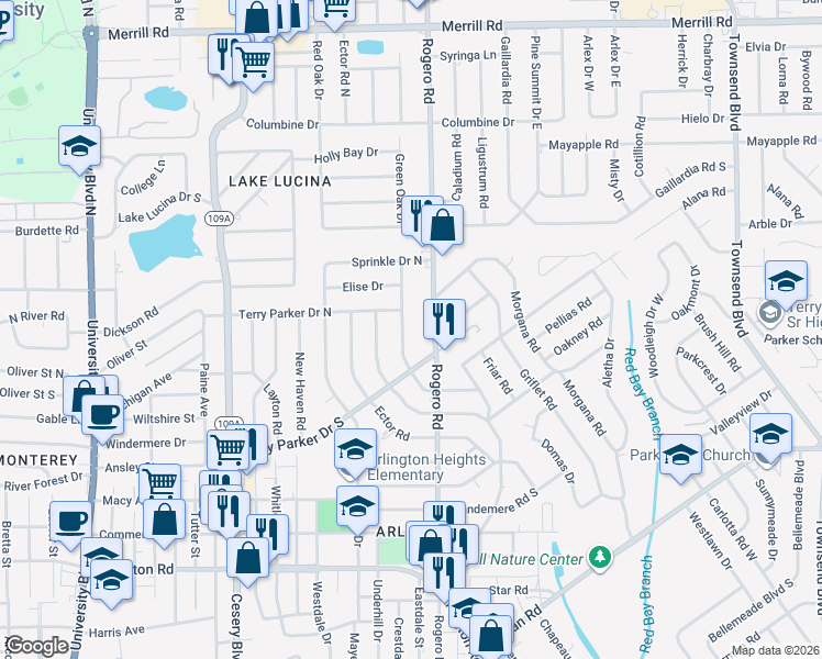 map of restaurants, bars, coffee shops, grocery stores, and more near 1914 Rogero Road in Jacksonville