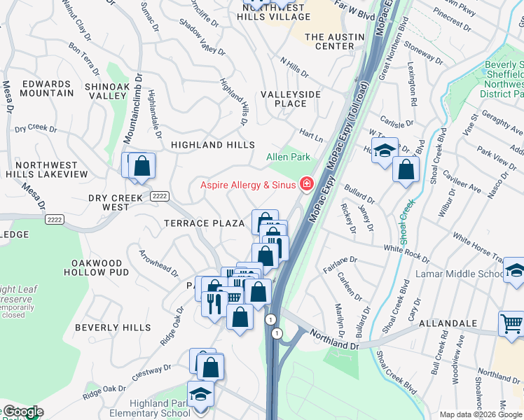 map of restaurants, bars, coffee shops, grocery stores, and more near 5900 Overlook Drive in Austin