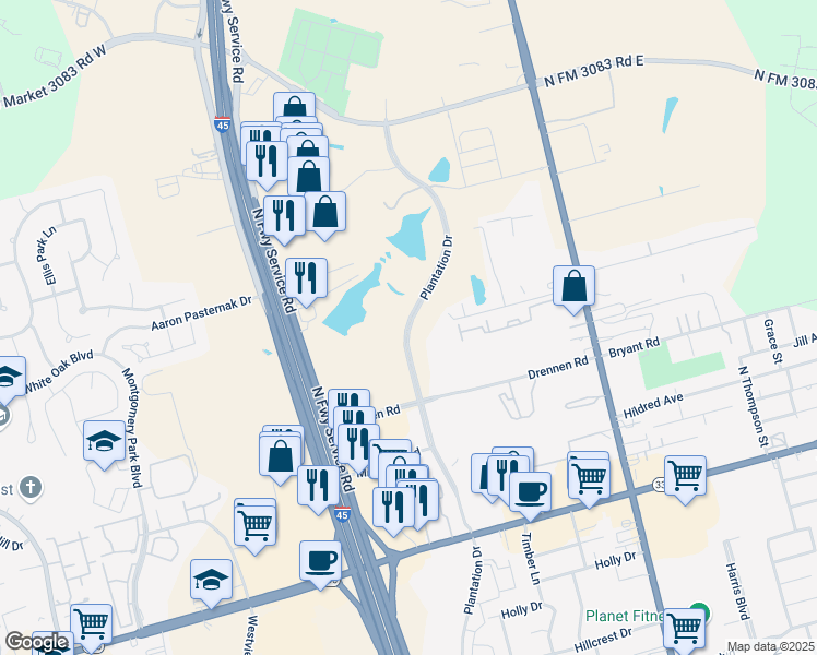 map of restaurants, bars, coffee shops, grocery stores, and more near Plantation Drive in Conroe
